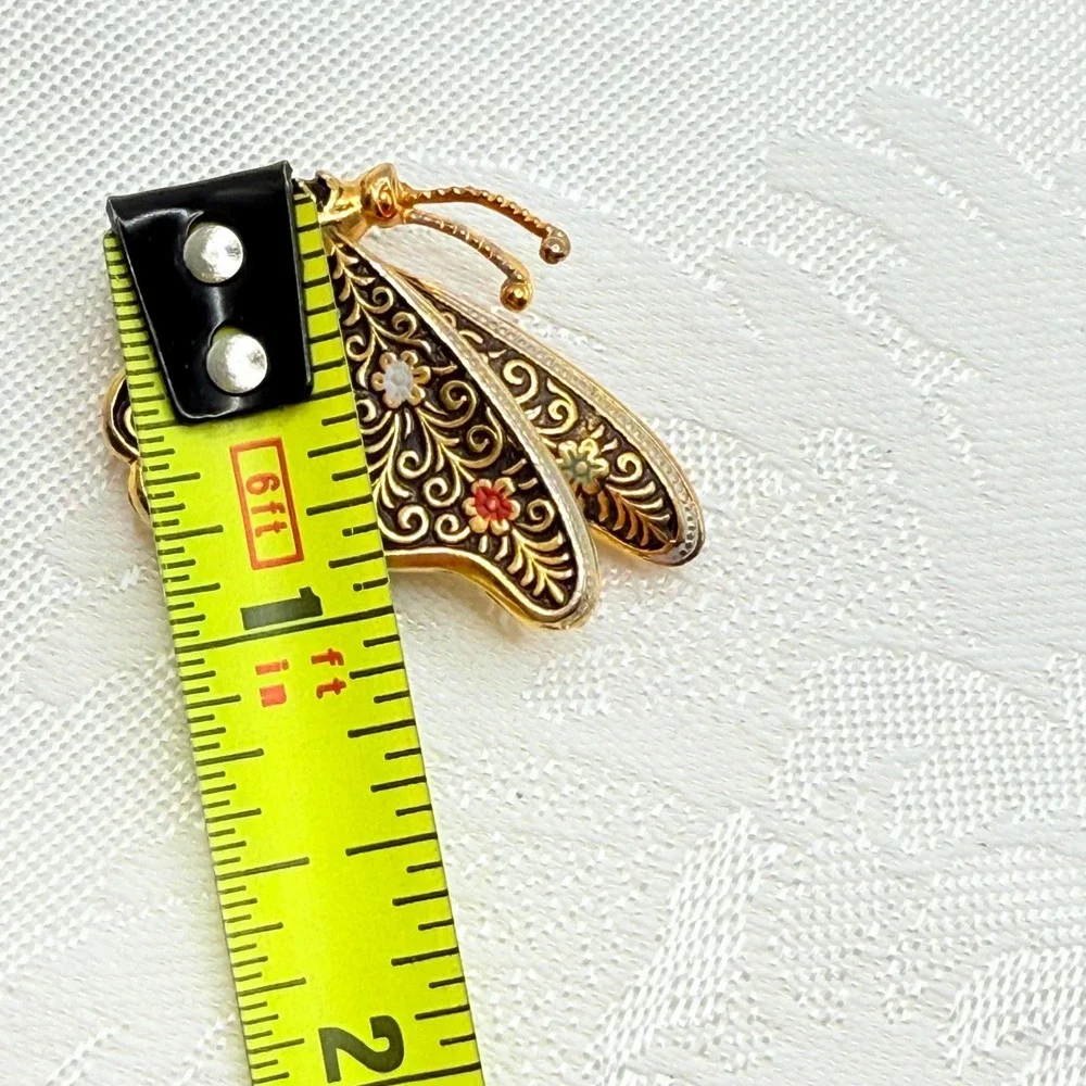 Vintage Ornate Damascene Style Black and Gold Tone Butterfly Insect Brooch Pin